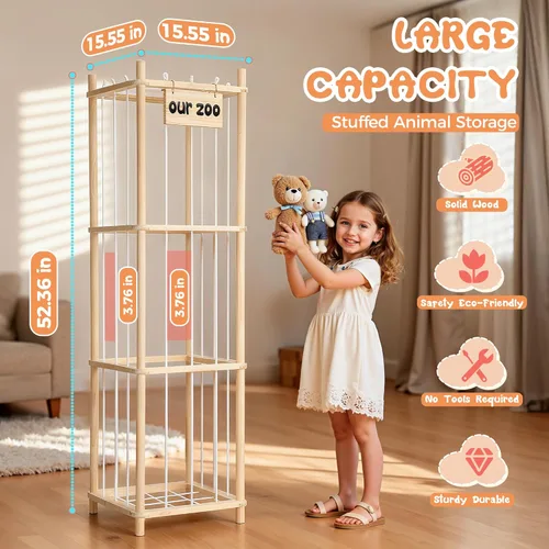 Miniatura 2 de LAMU Almacenamiento de animales de peluche, soporte de madera para animales de peluche con cordones elásticos, organizador de juguetes de ahorro