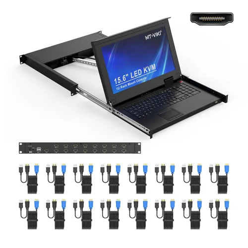 Miniatura 12 de MT-VIKI Consola KVM HDMI de 8 puertos, consola KVM de montaje en rack 1U con monitor LCD de 15.6 pulgadas, panel táctil integrado de profundidad