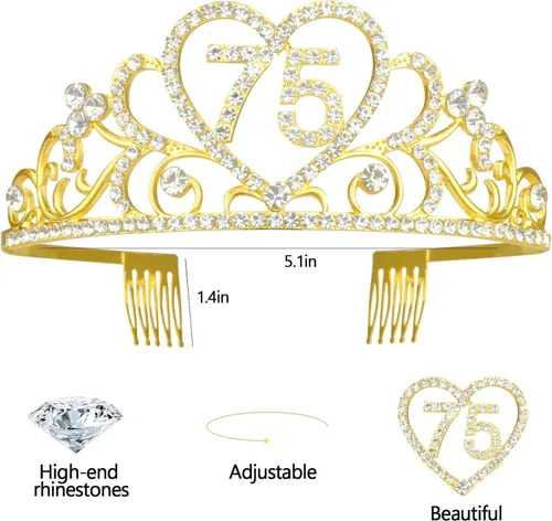 Miniatura 3 de Kit de tiara y banda de cumpleaños número 75 – '75 y fabuloso' banda negra y corona de diamantes de imitación dorados para mujer 75 cumpleaños