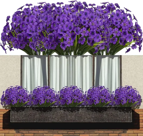 Miniatura 10 de Flores artificiales 15 racimos para exteriores, resistentes a los rayos UV, tela de plástico, plantas verdes para colgar macetas, cocina, hogar, Azul
