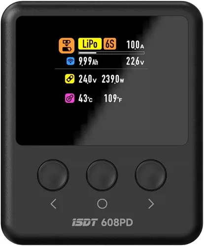 ISDT Cargador de batería Lipo 608PD, DC 240 W/10 A, USB C PD 100 W/5 A, cargador inteligente para baterías RC, cargador de equilibrio para vida