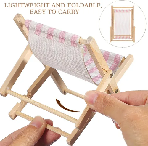 Miniatura 5 de Beavorty Silla de playa Soporte para teléfono móvil Soporte de escritorio de madera y lona para silla de playa de madera en miniatura, soporte