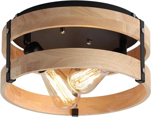 Miniatura 9 de Moderno de granja ?Blanco antiguo con aspecto desgastado lámpara de techo empotrada de 2 luces lámpara de techo de tambo de madera montaje