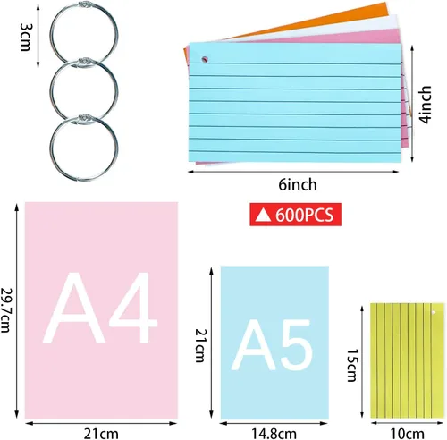 Miniatura 3 de TFLFL Tarjetas de índice de 4 x 6 pulgadas, 600 tarjetas flash con anillos, 8 colores, tarjetas de índice rayadas, tarjetas flash rayadas