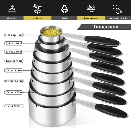 Miniatura 2 de Juego de 16 tazas medidoras y cucharas medidoras magnéticas de acero inoxidable, 8 tazas medidoras con mango de silicona y 7 cucharas magnéticas