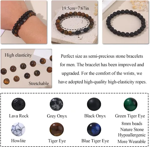 Miniatura 3 de SAMOCO 12 piezas de pulseras de ojo de tigre para hombres, piedra natural, cuentas de 8 mm, juego de pulseras elásticas ajustables de roca de lava