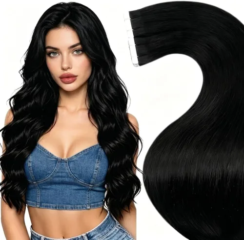 Miniatura 14 de LaaVoo Extensiones adhesivas de cabello humano real, color negro azabache, extensiones de cabello humano liso y sedoso, 10 pulgadas, 20