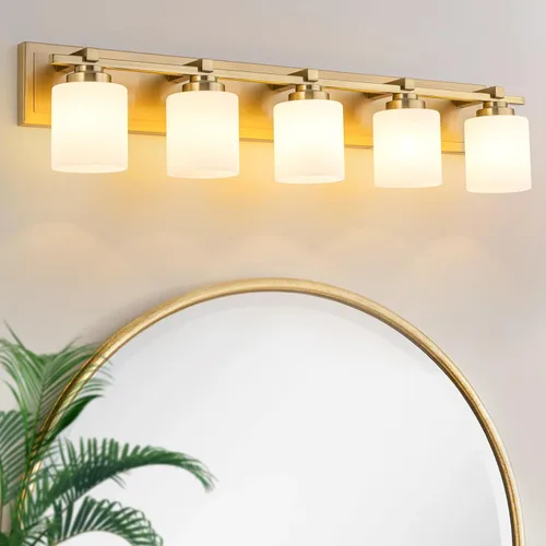 Miniatura 34 de 1 Luminaria Moderna de Baño sobre Espejo, Luces de Tocador Negro Dorado para Apliques de Pared de Baño con Pantallas de Vidrio Blanco Lechoso