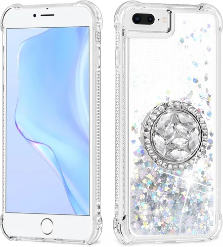 Funda para iPhone 7 Plus/8 Plus, soporte de anillo con purpurina, funda protectora de TPU transparente a prueba de golpes, patrón de purpurina
