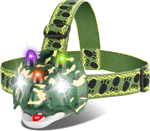 Miniatura 9 de Triceratops - Linterna frontal LED de dinosaurio para niños, artículos esenciales de equipo de campamento Linterna de cabeza de juguete de Verde