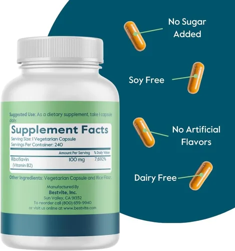 Miniatura 3 de BESTVITE Vitamina B-2 100 mg (240 cápsulas vegetarianas) - Sin estearatos - Sin fosfato dicálcico - Vegano - Sin OMG - Sin gluten