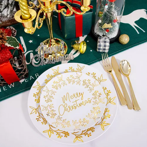 Miniatura 8 de Nervure 175 piezas de platos de plástico de Navidad - Juego de platos desechables blancos y dorados incluye 25 platos de cena, 25 platos de postre