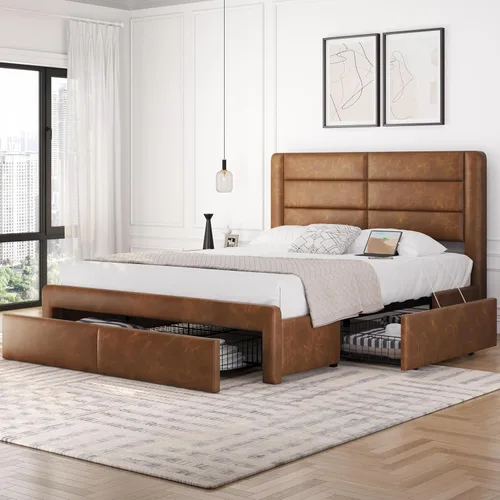 Miniatura 16 de Yaheetech Marco de cama tamaño completo con 2 estaciones de carga USB/puerto para tipo A y tipo C/3 cajones de almacenamiento, cama plataforma