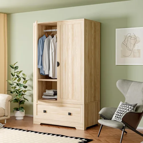 Miniatura 16 de VINGLI Armario Ropero Acanalado con Puertas y Cajones, Gabinete Armario con Barra para Colgar, Armario de Dormitorio de Madera de Roble, Armario