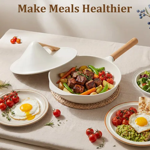 Miniatura 8 de Sartén antiadherente con tapa, sartén de 10 pulgadas de profundidad, sartén de cerámica sin toxinas, estilo Wabi-Sabi saludable y no tóxica