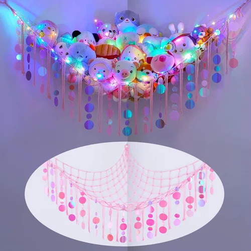 FIOBEE Hamaca de Red para Animales de Peluche Organizador de Almacenamiento de Juguetes con Luz LED, Almacenamiento de Animales de Peluche