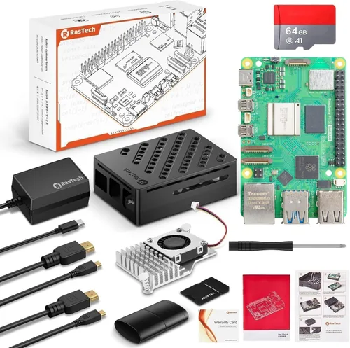 Kit RasTech Raspberry Pi 5 de 16 GB Edición de 64 GB con enfriador activo, fuente de alimentación GaN 27W 5.1V5A USB-C, placa Pi5 de 16 GB, kit de