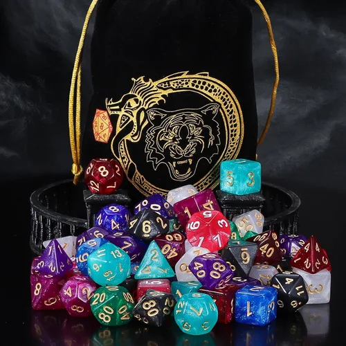 Miniatura 4 de QMay Juego de dados DND 10x7 (70 piezas) Dados poliédricos para mazmorras y dragones D&D RPG MTG Juegos de rol con 1 bolsa con cordón