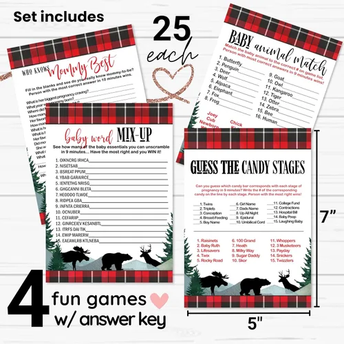 Miniatura 2 de Lumberjack Baby Shower Juego Bundle (25 invitados) Incluye Who Knows Mommy Best, Word Scramble, Animal Matching, Candy Guessing – Oso rústico, alces