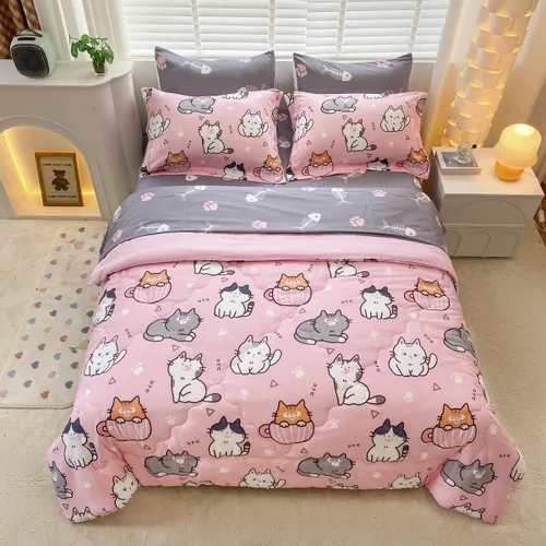 Miniatura 7 de Juego de edredón de 7 piezas con diseño de gatos para niñas, tamaño completo, ropa de cama en una bolsa, diseño rosa de dibujos animados de gatos