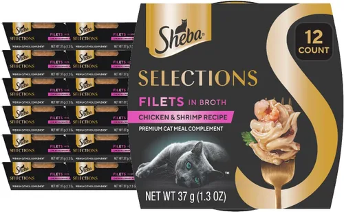 Sheba Selections - Filetes en Caldo para Gatos Adultos, Receta de Pollo y Camarón, 1.3 oz. Tazas, 12 Unidades
