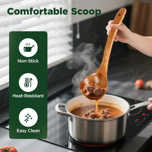 Miniatura 5 de Cucharas de madera para cocinar, juego de utensilios de cocina de madera de teca natural, cucharón grande para sopa y pasta ranurado tenedor colador