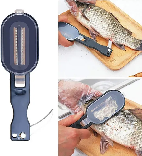 Miniatura 2 de Escalador de pescado con cuchillo, removedor de escamas de pescado, raspador de escamas de pescado con tapa cubierta, 2 en 1 limpiador de pescado