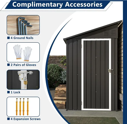 Miniatura 4 de Cobertizo de almacenamiento al aire libre de 4 x 8 pies, cobertizo de metal inclinado para almacenamiento para patio trasero, patio, jardín, negro