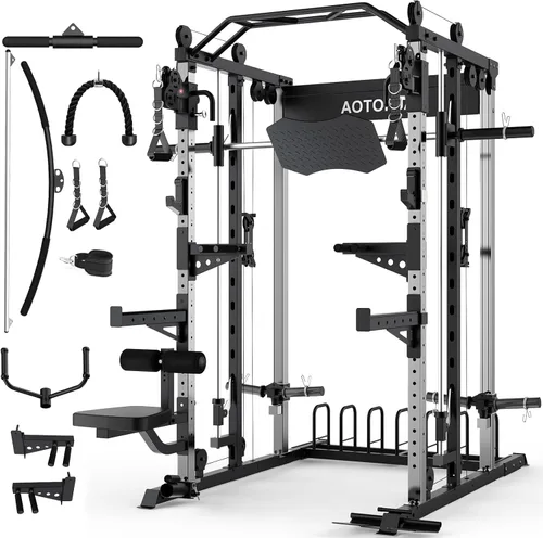 Miniatura 8 de Smith - Estante para sentadillas de entrenamiento de fuerza con barra Smith, jaula de potencia con sistemas de extracción LAT, máquina cruzada