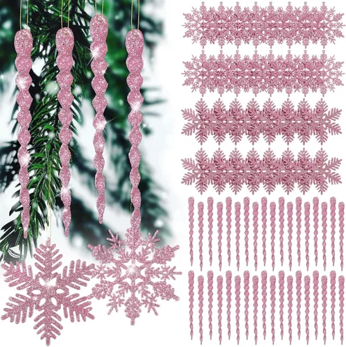 Miniatura 10 de Deekin 72 piezas adornos de carámbano de copo de nieve para árbol de Navidad, carámbanos torcidos de copo de nieve con purpurina, decoraciones