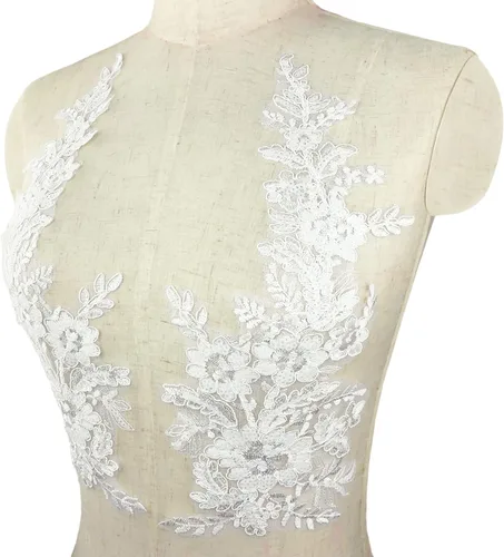 Miniatura 3 de 1 par de apliques de encaje con bordado de flores de lentejuelas, parches para coser para boda, vestido de novia, vestido de fiesta, ropa, corpiño