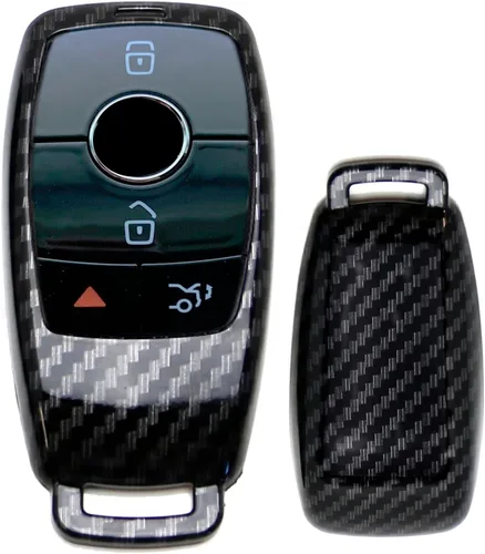 iJDMTOY Llavero con patrón de fibra de carbono negro brillante compatible con Mercedes Clase E 2017 en adelante, Clase S 2018 en adelante, Clase G