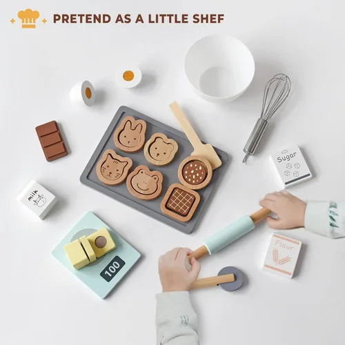 Miniatura 4 de PairPear Juego de Comida de Juguete de Madera para Galletas y Hornear, 28 Piezas de Galletas Rebanables para Niños, Batidora de Mano de Juguete