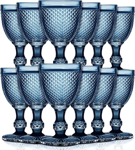 Miniatura 9 de Bokon Juego de 6 copas de vidrio ámbar de 10 onzas de alto transparente, copas de agua vintage, diseño de diamante en relieve, cristalería con tallo