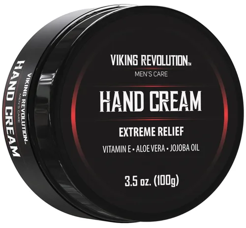 Viking Revolution Crema de manos para hombres, crema reparadora para manos secas y agrietadas, tratamiento de aloe vera con vitamina E (3.5 onzas)