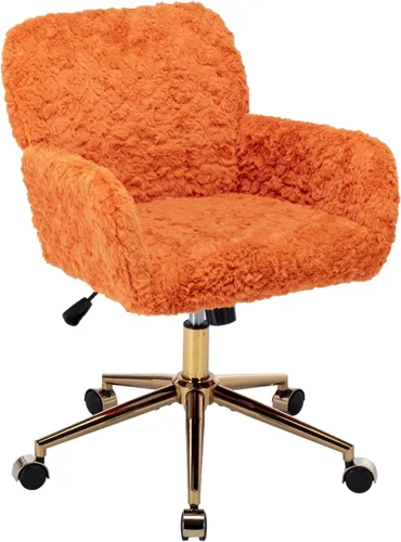 Silla de oficina artificial de pelo de conejo copetudo, silla naranja con base de metal dorado, silla de escritorio ajustable, silla de oficina