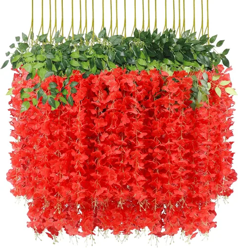 U'Artlines Paquete de 24 (total de 86.4 pies) de imitación de glicina artificial de vid de ratán, guirnalda colgante de flores de seda para Rojo