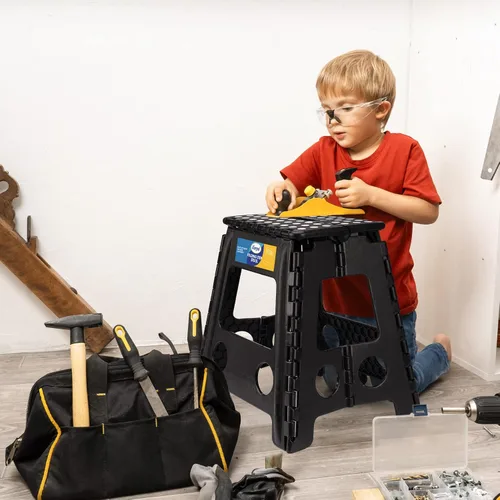 Miniatura 6 de Korpai Taburete plegable de 16 pulgadas para adultos y niños con capacidad para hasta 300 libras, taburetes plegables antideslizantes con mango