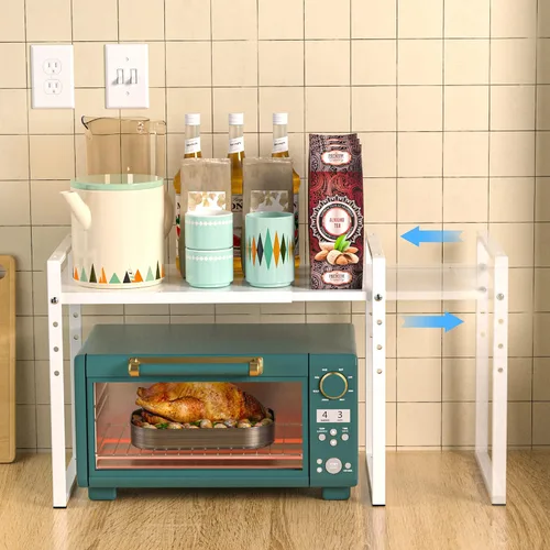 Miniatura 2 de Estante de horno de microondas expandible de 2 niveles, altura ajustable, resistente, tostadora de microondas, soporte de encimera, estante de Blanco