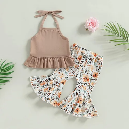 Miniatura 2 de TheFound Traje de verano para bebé niña pequeña, parte superior con cuello halter, pantalones acampanados, 2 piezas, ropa para recién nacidos