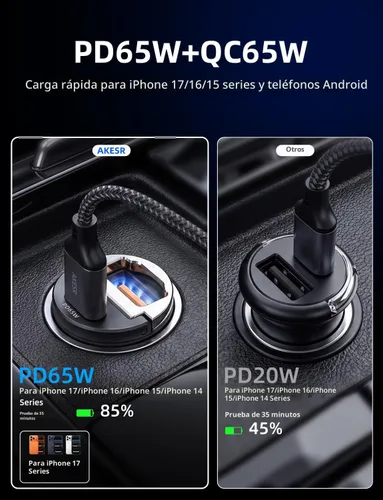 Miniatura 3 de AKESR Cargador de coche USB C de 65 W de carga rápida, accesorios de salida USB de 12 V para Carro, adaptador compacto para encendedor