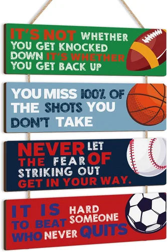 Miniatura 18 de HLNIUC Decoración de pared temática deportiva, letrero de madera de fútbol (3.5 x 12 pulgadas), letrero de madera inspirador de «Never Give Up»