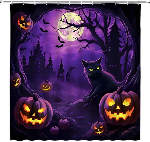 Cortina de ducha de Halloween, espeluznante gato negro, calabazas aterradoras, luna llena, casa encantada, murciélagos, árbol muerto, cortina de