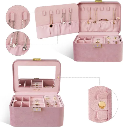 Miniatura 3 de KAMIER Joyero, 2 capas de piel sintética, caja organizadora de joyas de gran capacidad, doble cerradura y espejo grande, ganchos ocultos
