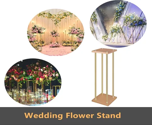 Miniatura 2 de 10 piezas de soporte de flores de boda soporte de metal para jarrón con platos, columna de metal dorado rectangular de 7.87 x 7.8 pulgadas, 7 x 23.6