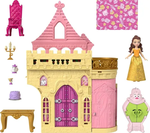 Miniatura 7 de Mattel Disney Princess Toys, Belle - Casa de muñecas castillo apilable con pequeña muñeca Belle, 4 personajes amigos y 3 accesorios, portátil con asa
