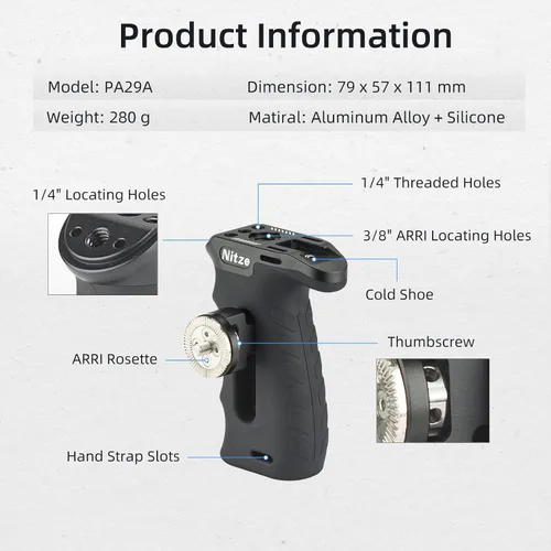 Miniatura 2 de Nitze Mango lateral ergonómico con roseta para ARRI, arriba/abajo e izquierda/derecha ajustable, mango lateral de aluminio de goma para cámaras