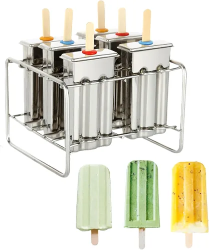 Miniatura 9 de Moldes de paletas de acero inoxidable, juego de 6 moldes para hacer helados, moldes de paletas caseras reutilizables de metal con 50 varillas