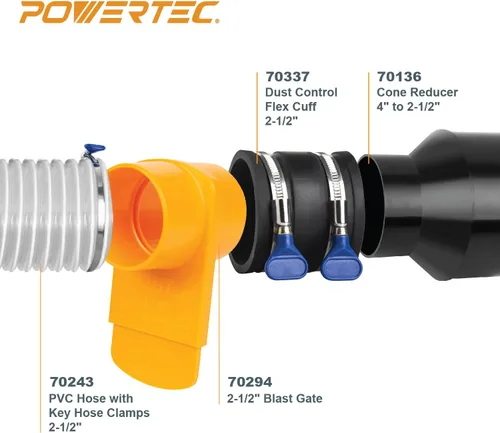 Miniatura 2 de POWERTEC 70402 Reductor de cono de manguera de 4 a 2-1/2 pulgadas y manguito flexible de control de polvo de 2-1/2 pulgadas con abrazaderas