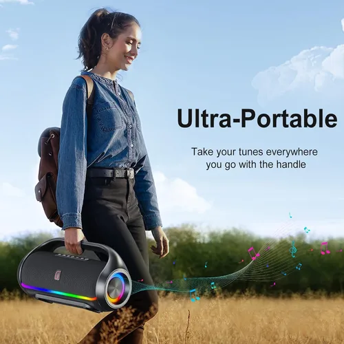 Miniatura 8 de HWWR Altavoz Bluetooth portátil con 2 micrófonos inalámbricos, sistema de altavoces portátiles ruidosos, graves profundos, corte de eco y voz, IPX5